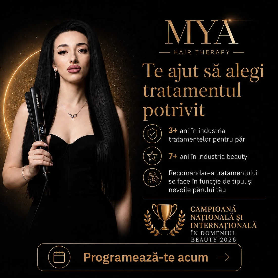 Mihaela — hairstylist și specialist tratamente păr, 3+ ani în tratamente de păr, 7+ ani în industria beauty, Campioană Națională și Internațională în domeniul înfrumusețării 2026, Mya Hair Therapy